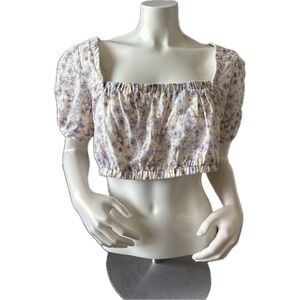 NWT Floral Crop Top Square Neck Puff Sleeve Tie Back‎ Cottagecore Blouse Medium
